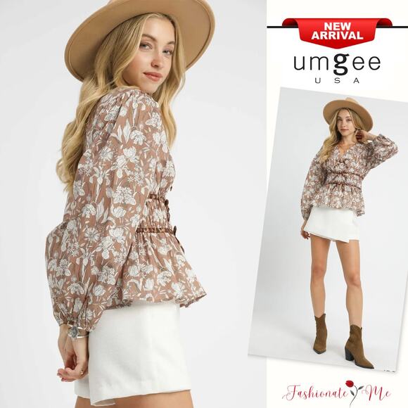 Umgee Floral Pattern Tie Details Long Sleeves Smocked Peplum Blouse | Lt Brown - Picture 1 of 6